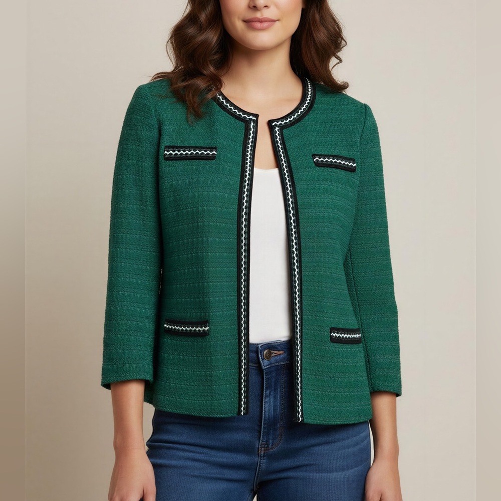 Ming Wang Green Textured Knit Suit Jacket Ribbon Trim Eye & Hook Black White PXS